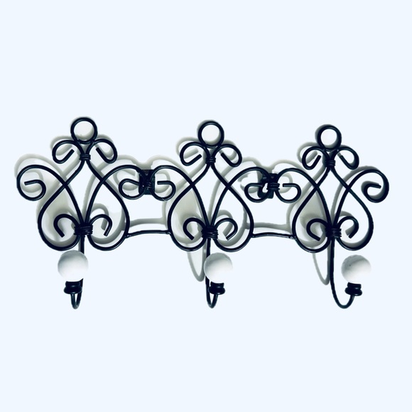 Vintage Style Black Metal White Stone 3 Peg Hooks Coats Robes Towels Wall Decor - Picture 4 of 5